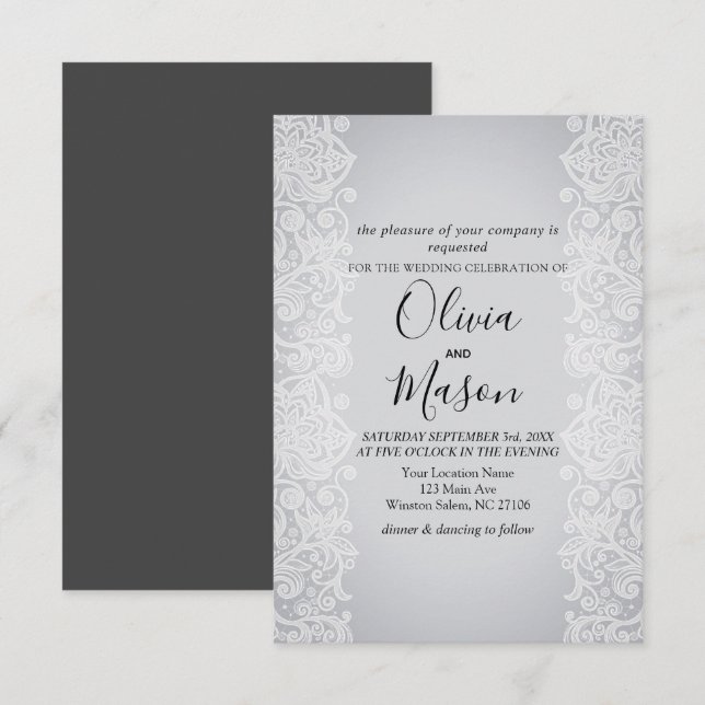 Elegant White Gold Lace Grey Black Wedding Card (Front/Back)