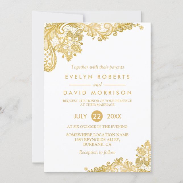 Elegant White Gold Lace Pattern Formal Wedding Invitation (Front)