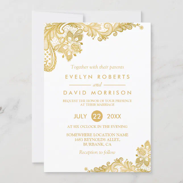 Elegant White Gold Lace Pattern Formal Wedding Invitation | Zazzle