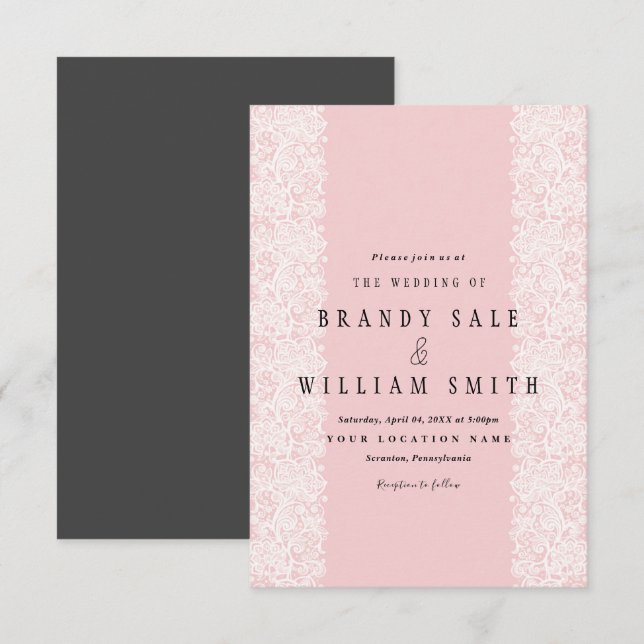 Elegant White Gold Lace Pink Sangria Wedding Card (Front/Back)