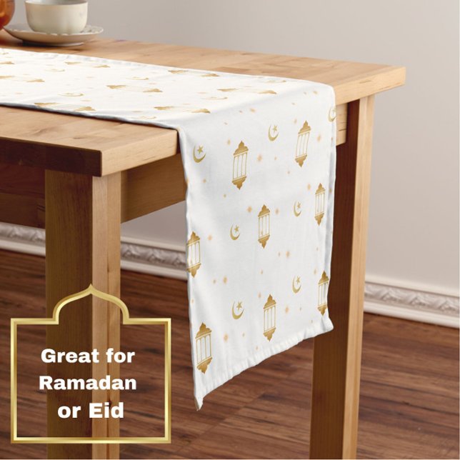 Elegant White Gold Lanterns Moon Islamic Eid Short Table Runner (An elegant, modern white + gold table runner, with lantern, stars + moon motif. )