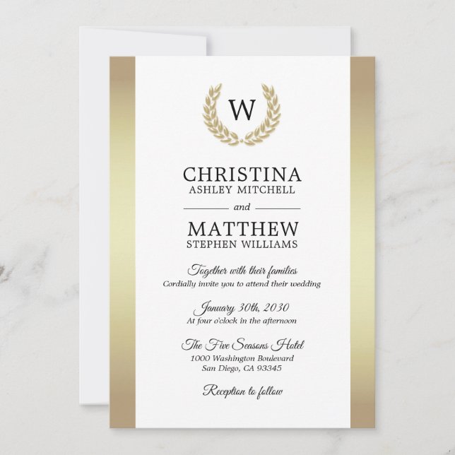 Elegant White Gold Laurel Monogram Wedding Invitation (Front)