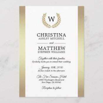 Elegant White Gold Laurel Monogram Wedding Invitation by UniqueWeddingShop at Zazzle