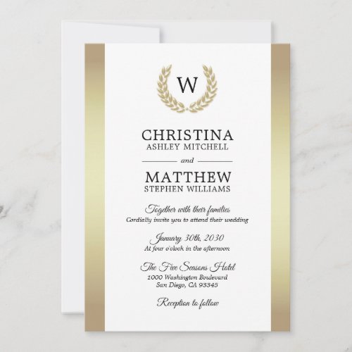 Elegant White Gold Laurel Monogram Wedding Invitation