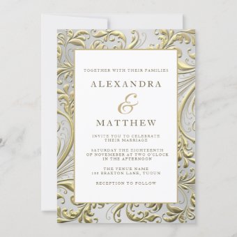 Elegant White & Gold Leaf Bow Wedding Invitation | Zazzle