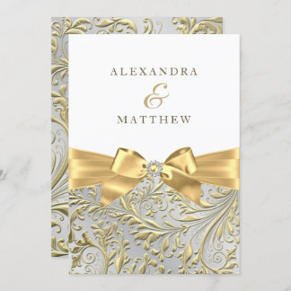 Elegant White & Gold Leaf Bow Wedding Invitation