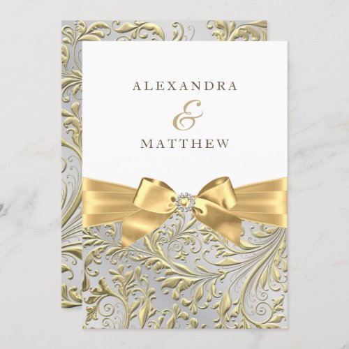 Elegant White  Gold Leaf Bow Wedding Invitation