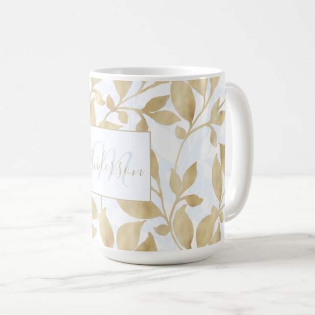 Elegant White Gold Leaves Greenery Botanical Coffee Mug (Front Right)
