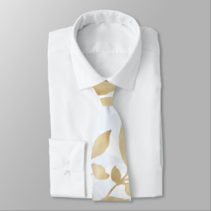 Elegant White Gold Leaves Greenery Botanical Neck Tie