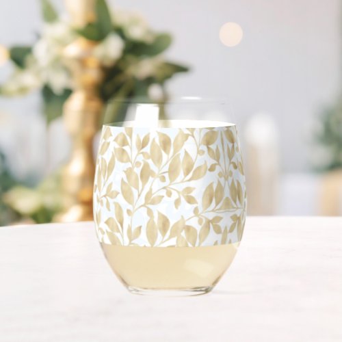 Elegant White Gold Leaves Greenery Botanical  Stemless Wine Glass