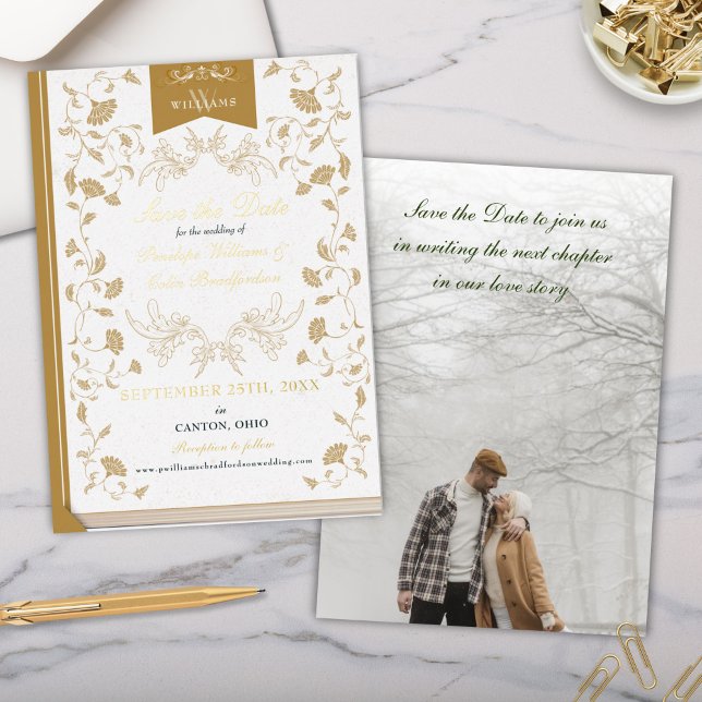 Elegant White Gold Library Wedding Save the Date Foil Invitation (Elegant White and Gold Foil Wedding Save the Date Invitation Cards for Library Theme Wedding)