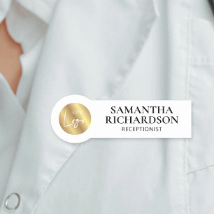 Elegant White & Gold Logo Shop Salon Employee Name Tag