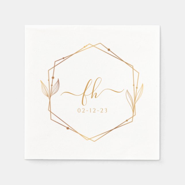 Elegant White Gold Luxury Floral Monogram Wedding Napkins (Front)