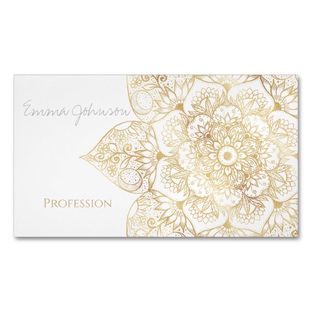 Elegant White Gold Mandala Floral  Business Card Magnet (Front)