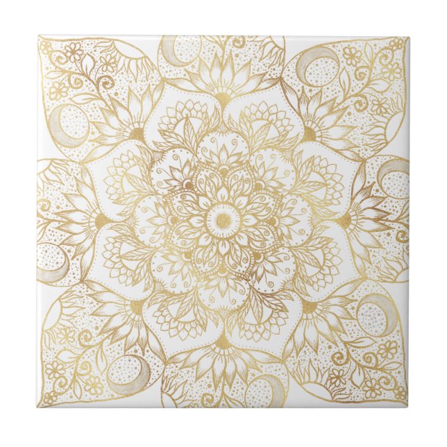 Elegant White Gold Mandala Floral  Ceramic Tile (Front)
