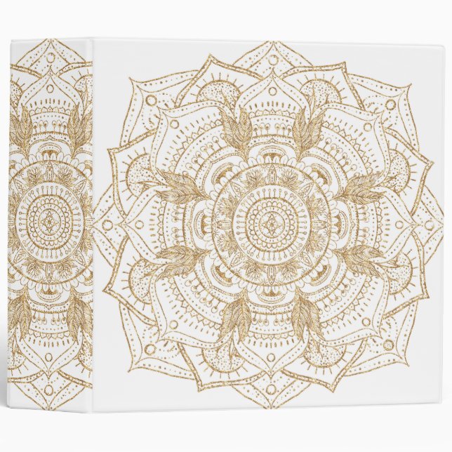 Elegant White & Gold Mandala Hand Drawn Design 3 Ring Binder (Front/Spine)