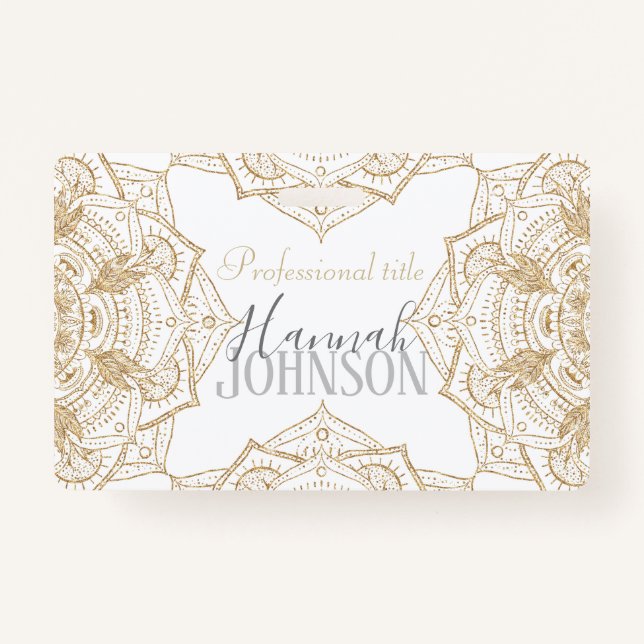 Elegant White & Gold Mandala Hand Drawn Design Badge (Front)