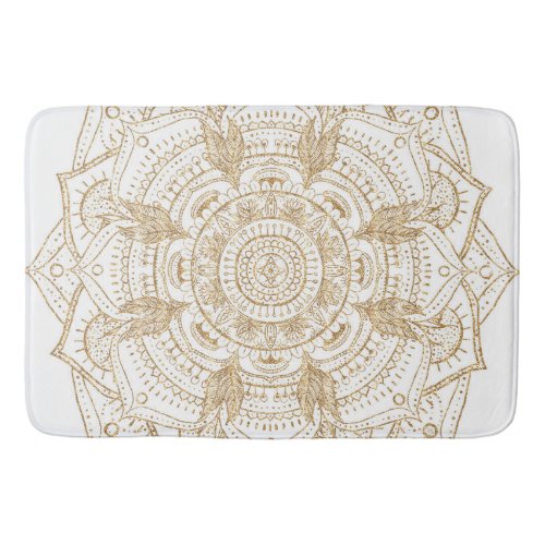 Elegant White  Gold Mandala Hand Drawn Design Bath Mat