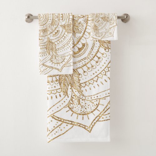 Elegant White  Gold Mandala Hand Drawn Design Bath Towel Set