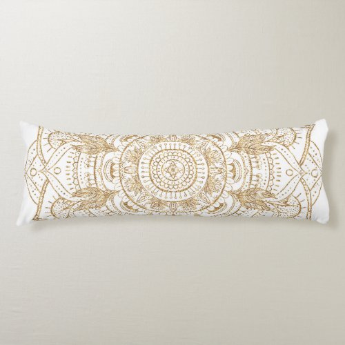 Elegant White  Gold Mandala Hand Drawn Design Body Pillow