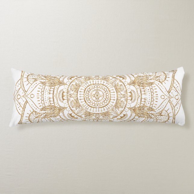 Elegant White & Gold Mandala Hand Drawn Design Body Pillow (Front)