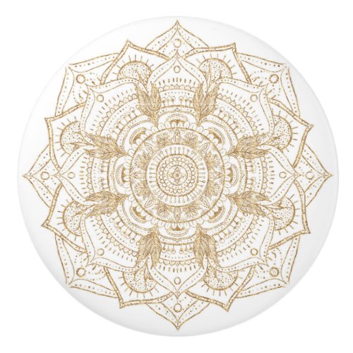 Elegant White  Gold Mandala Hand Drawn Design Ceramic Knob