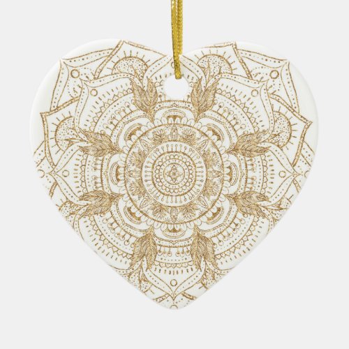 Elegant White  Gold Mandala Hand Drawn Design Ceramic Ornament