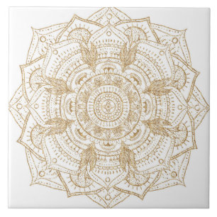 Elegant White & Gold Mandala Hand Drawn Design Ceramic Tile