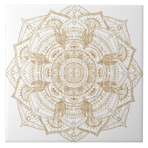Elegant White  Gold Mandala Hand Drawn Design Ceramic Tile