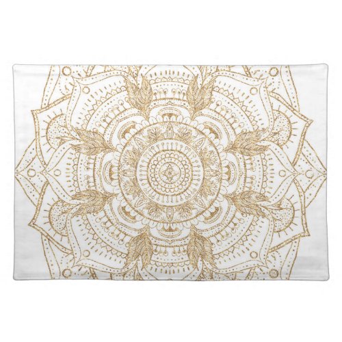 Elegant White  Gold Mandala Hand Drawn Design Cloth Placemat