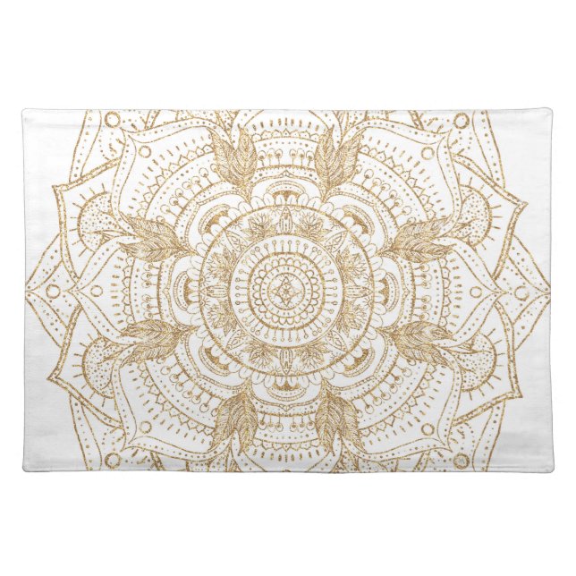 Elegant White & Gold Mandala Hand Drawn Design Cloth Placemat (Front)