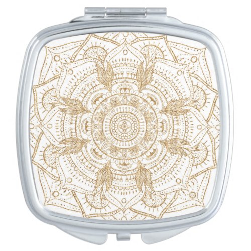 Elegant White  Gold Mandala Hand Drawn Design Compact Mirror