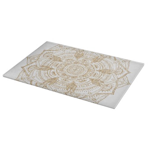Elegant White  Gold Mandala Hand Drawn Design Cutting Board