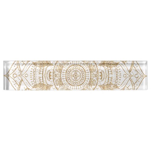 Elegant White  Gold Mandala Hand Drawn Design Desk Name Plate