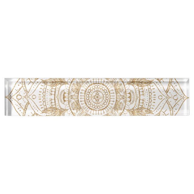 Elegant White & Gold Mandala Hand Drawn Design Desk Name Plate (Front)