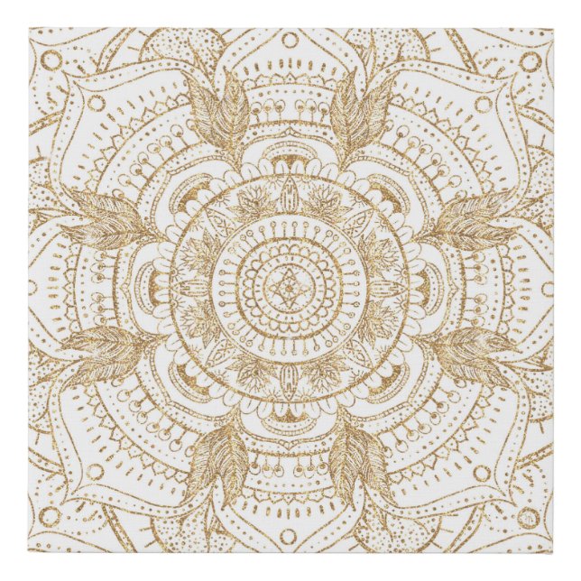 Elegant White & Gold Mandala Hand Drawn Design Faux Canvas Print (Front)
