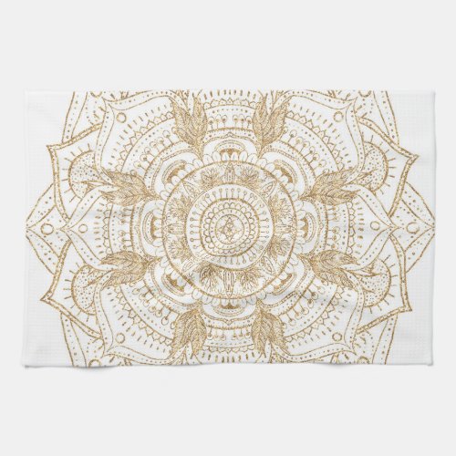 Elegant White  Gold Mandala Hand Drawn Design Kitchen Towel