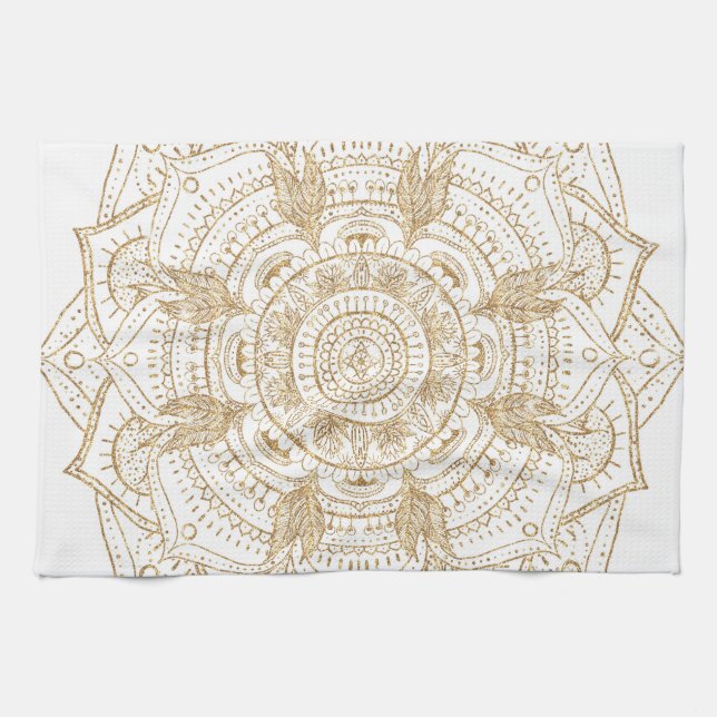 Elegant White & Gold Mandala Hand Drawn Design Kitchen Towel (Horizontal)
