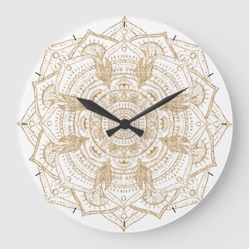 Elegant White  Gold Mandala Hand Drawn Design Large Clock