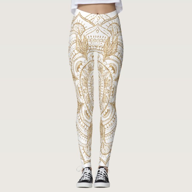 Elegant White & Gold Mandala Hand Drawn Design Leggings (Front)