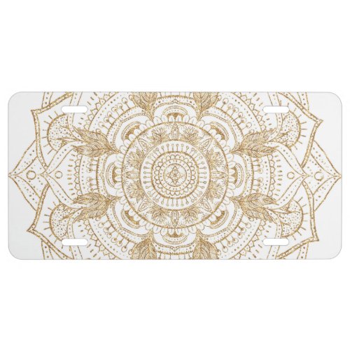 Elegant White  Gold Mandala Hand Drawn Design License Plate