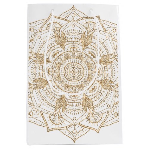 Elegant White  Gold Mandala Hand Drawn Design Medium Gift Bag