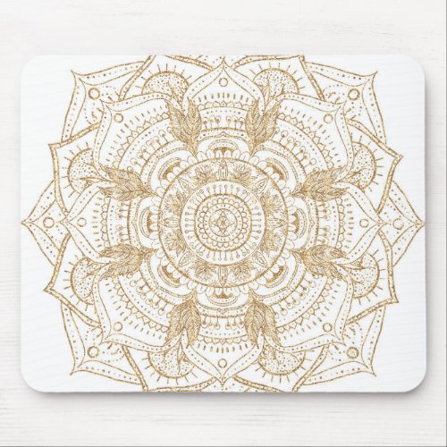 Elegant White  Gold Mandala Hand Drawn Design Mouse Pad