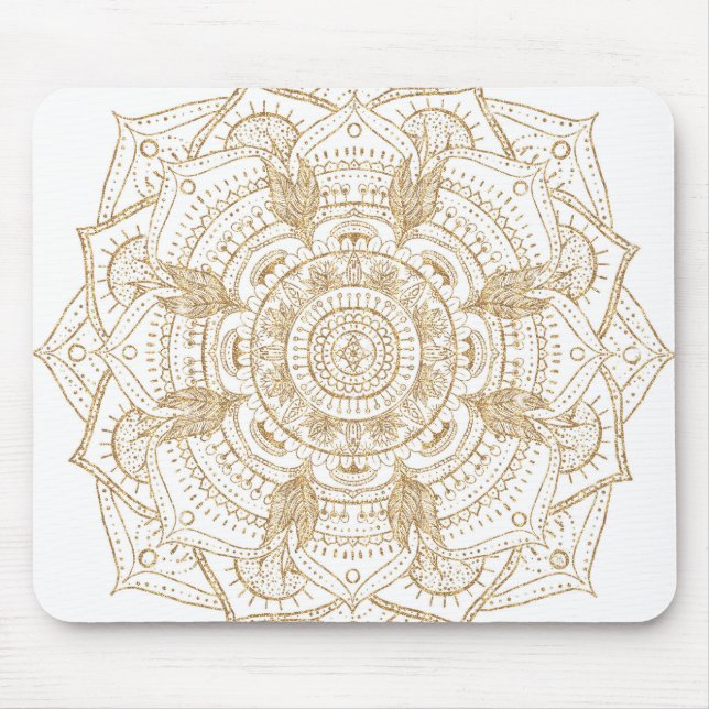 Elegant White & Gold Mandala Hand Drawn Design Mouse Pad (Front)