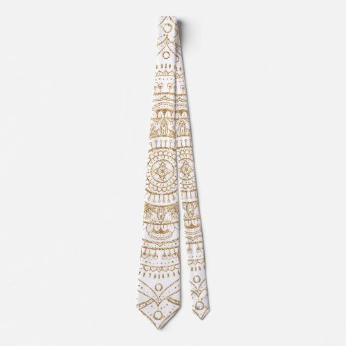 Elegant White  Gold Mandala Hand Drawn Design Neck Tie