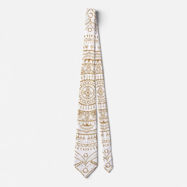 Elegant White & Gold Mandala Hand Drawn Design Neck Tie (Front)