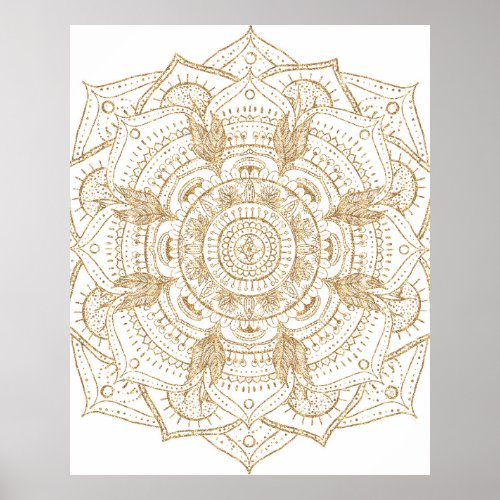 Elegant White  Gold Mandala Hand Drawn Design Poster
