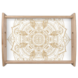 Elegant White & Gold Mandala Hand Drawn Design Serving Tray