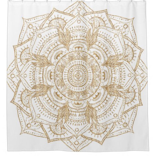 Elegant White  Gold Mandala Hand Drawn Design Shower Curtain