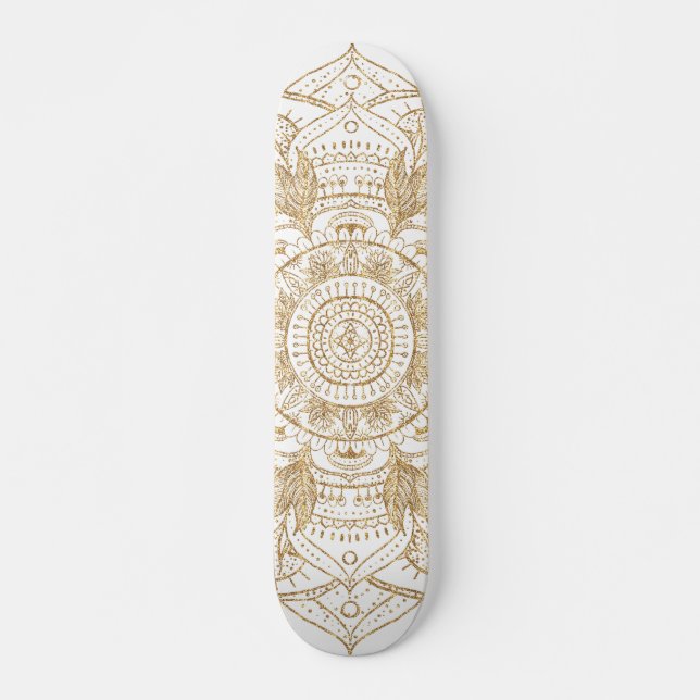 Elegant White & Gold Mandala Hand Drawn Design Skateboard (Front)